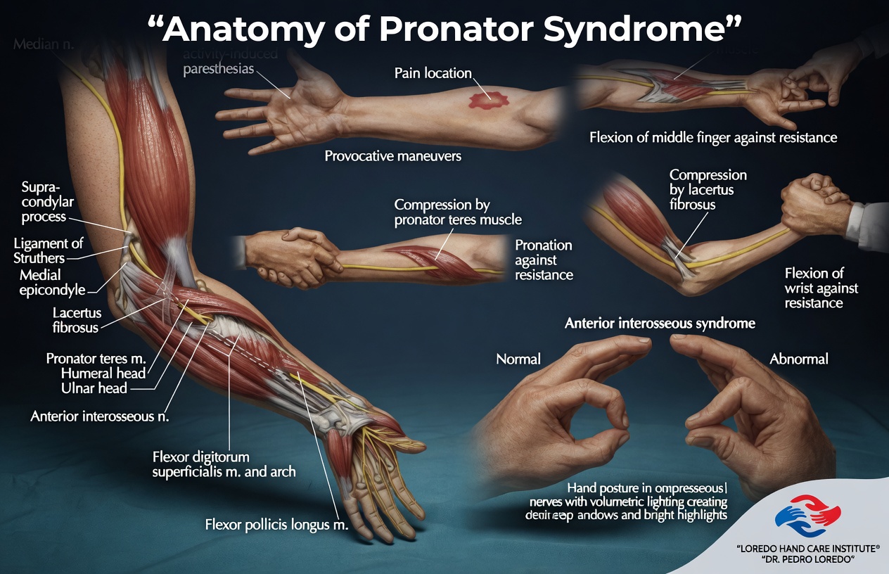 Detailed anatomy of pronator syndrome showing the median nerve coursing between the humeral and ulnar heads of the pronator teres, plus the additional potential compression points at the lacertus fibrosus, the FDS arch, and the ligament of Struthers