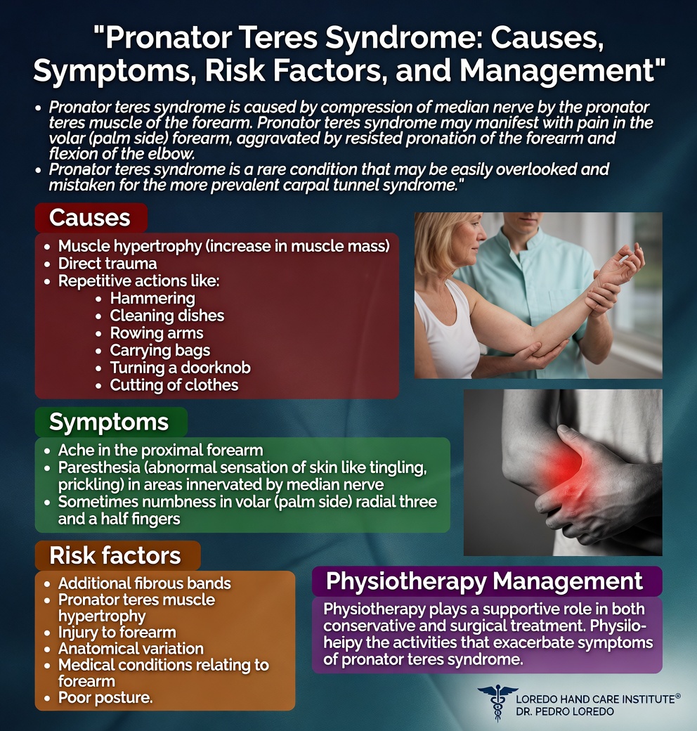 Overview of pronator syndrome covering causes, symptoms, risk factors, and management of median nerve compression in the proximal forearm