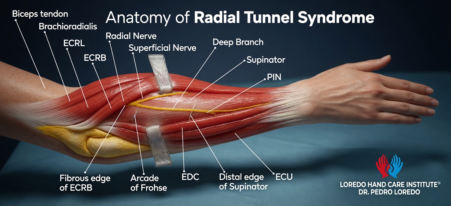 Detailed anatomy of the radial tunnel showing the radial nerve dividing into the superficial sensory branch and the posterior interosseous nerve, with the Arcade of Frohse at the entrance to the supinator muscle highlighted as the most common compression site