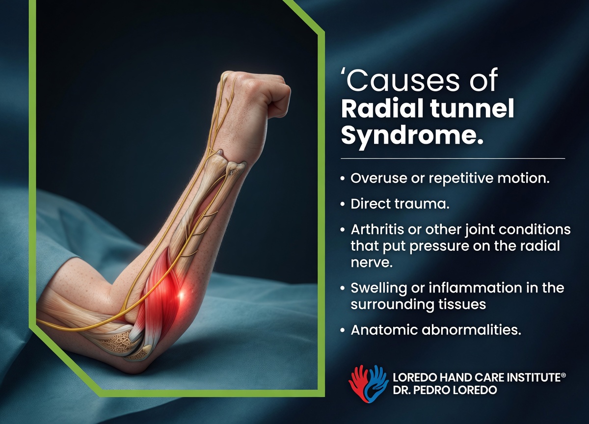 Causes and risk factors for radial tunnel syndrome including repetitive forearm rotation, forceful gripping, manual occupations, and coexisting tennis elbow