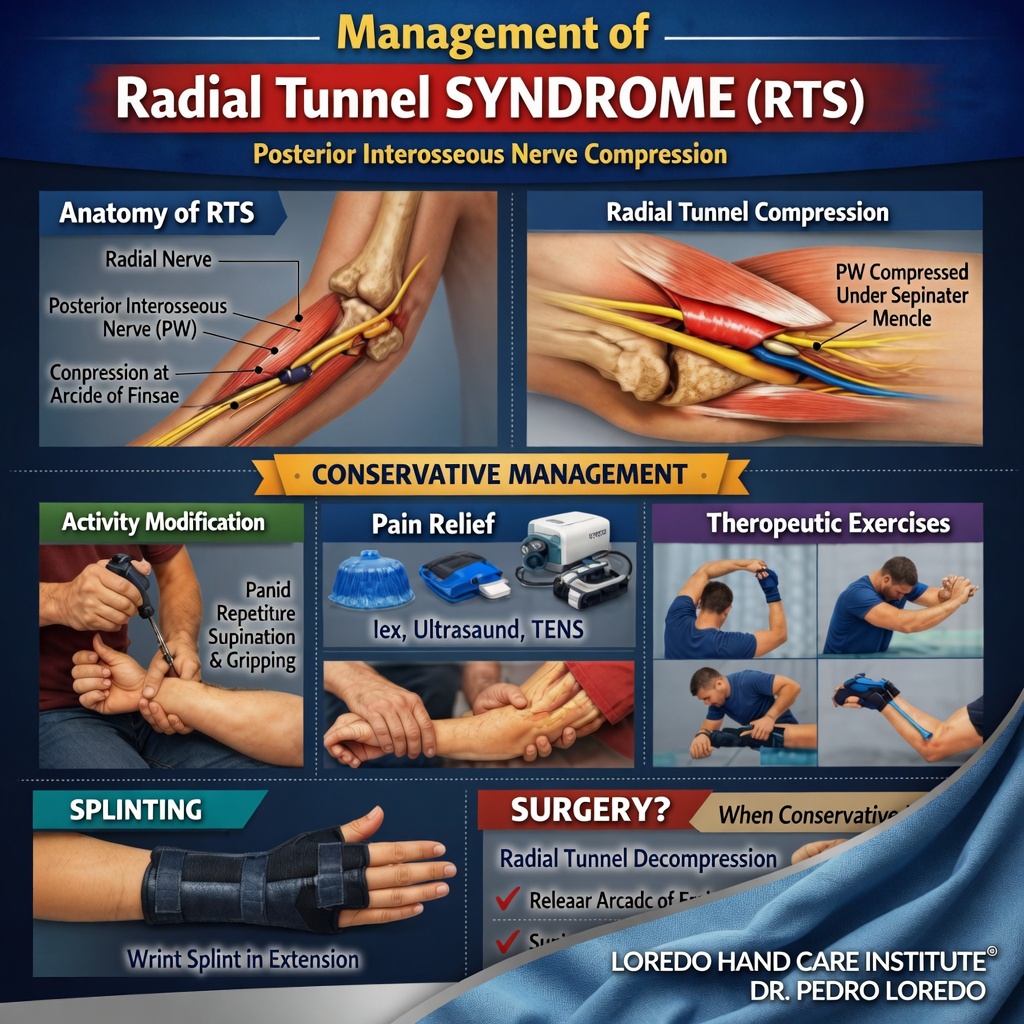 Conservative management of radial tunnel syndrome including activity modification, splinting in slight forearm supination, hand therapy with nerve gliding exercises, and ultrasound-guided injection options