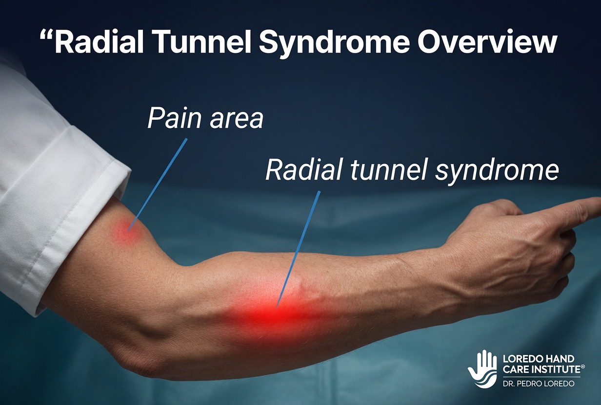 Radial tunnel syndrome overview showing compression of the posterior interosseous nerve in the radial tunnel of the proximal forearm, producing deep aching pain over the upper outer forearm that often coexists with or is misdiagnosed as tennis elbow