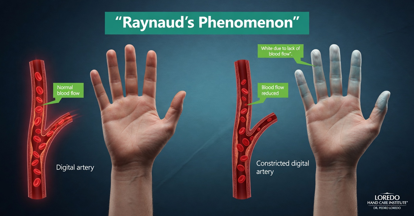 Vascular anatomy of the finger showing the digital arteries and the reduced blood flow that occurs during a Raynaud's vasospastic attack, producing fingertip ischemia
