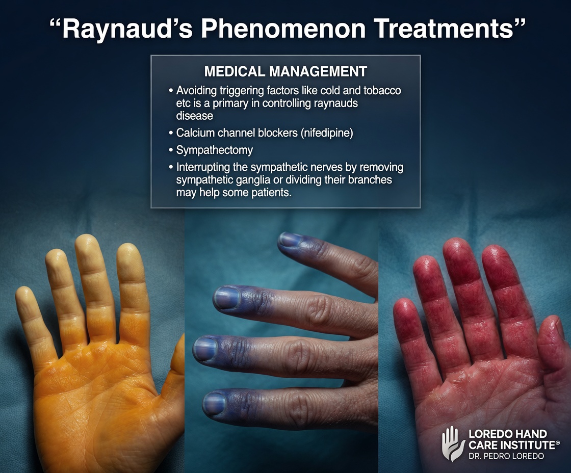 Conservative treatment and management of Raynaud's disease including aggressive cold avoidance, smoking cessation, calcium channel blockers, topical nitrates, and ergonomic adjustments