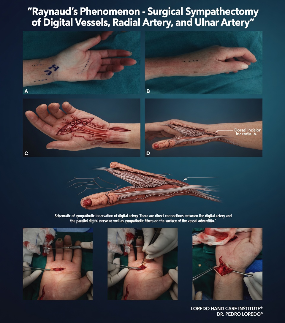 Surgical digital sympathectomy and arteriolysis for refractory Raynaud's disease showing microsurgical stripping of sympathetic nerve fibers from the digital arteries at the base of the affected finger
