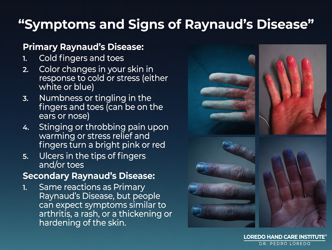 Symptoms and signs of Raynaud's disease showing the classic triphasic color change of the fingers from white during vasospasm to blue during cyanosis to red during reperfusion, with associated cold, numbness, and tingling sensations