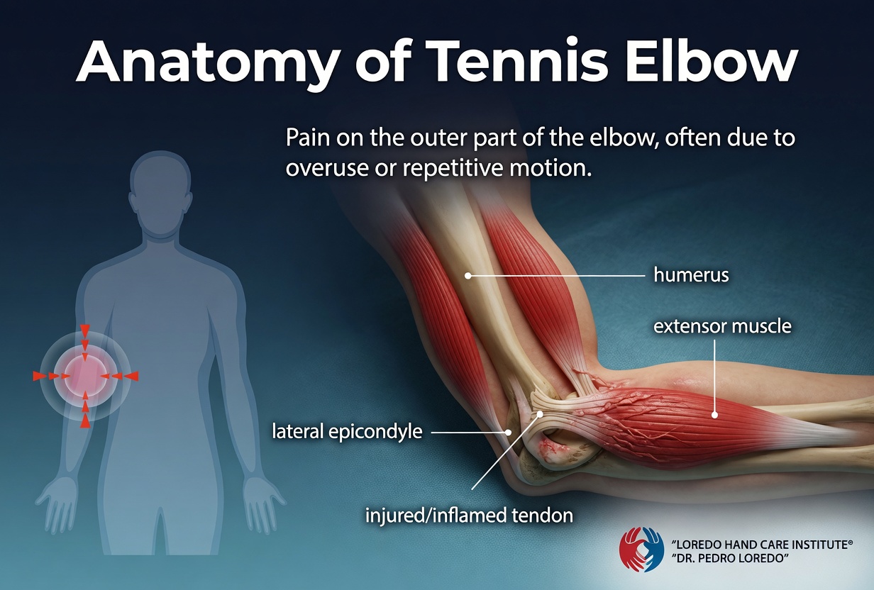 Detailed anatomy of the lateral elbow showing the ECRB tendon origin at the lateral epicondyle, common extensor tendon, radial head, and surrounding structures