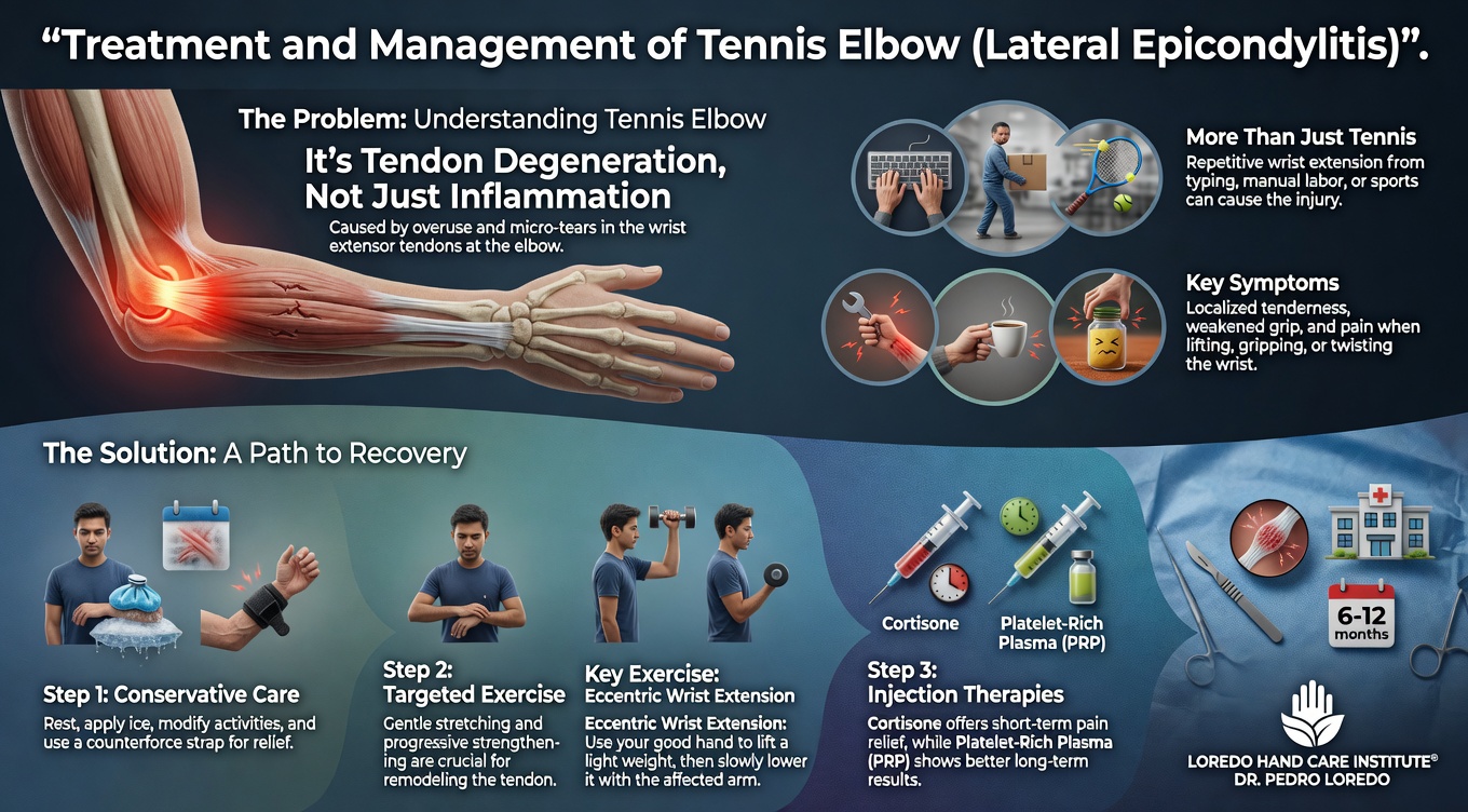 Conservative treatment options for tennis elbow including activity modification, counterforce brace, eccentric strengthening exercises, and physical therapy