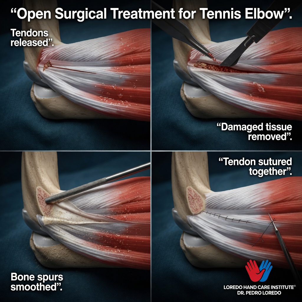 Open ECRB release and debridement, first illustration showing surgical exposure of the diseased extensor carpi radialis brevis tendon at the lateral epicondyle