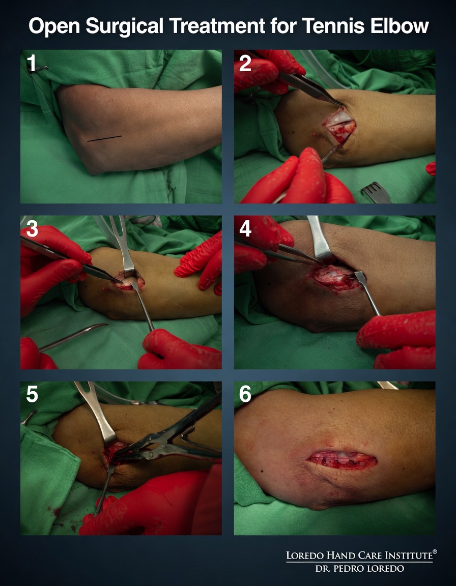 Open ECRB release and debridement, second illustration showing decortication of the lateral epicondyle and reattachment of the healthy tendon margins