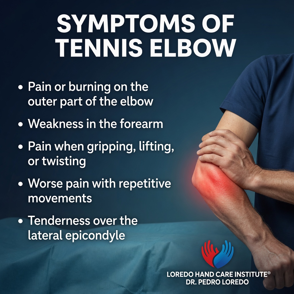 Illustration of the classic symptoms of tennis elbow including lateral elbow pain with gripping, lifting, and shaking hands