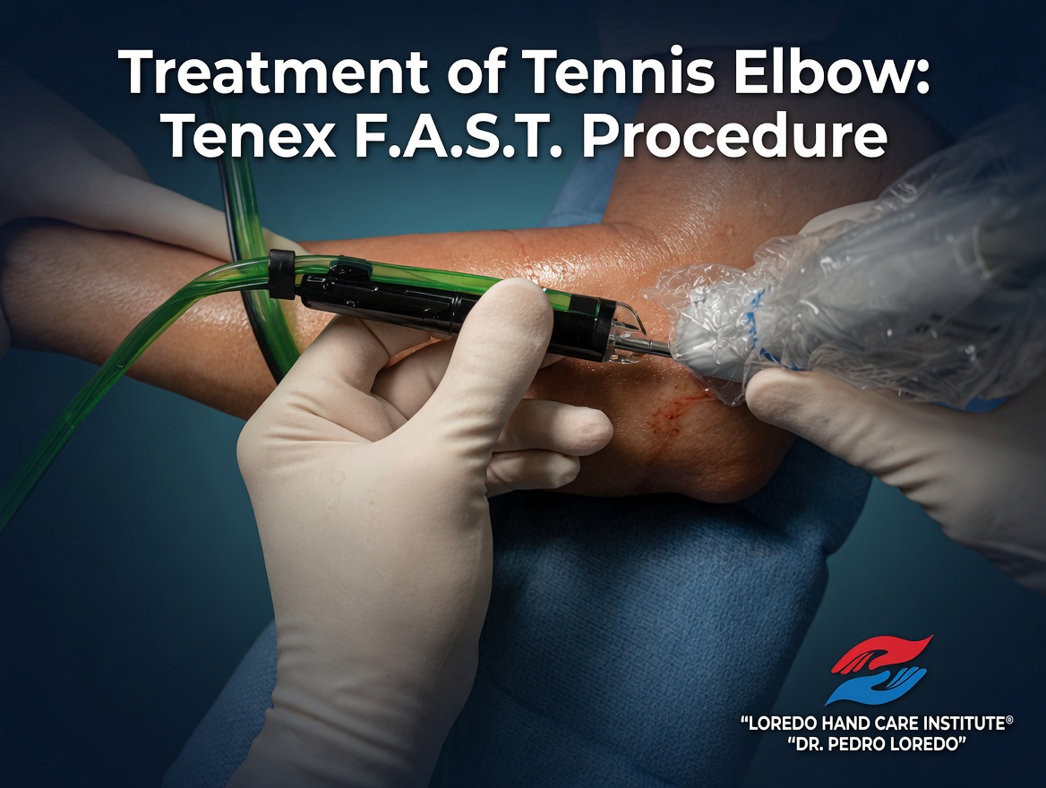 Tenex FAST percutaneous tenotomy for tennis elbow, first illustration showing ultrasound-guided needle placement at the ECRB tendon origin