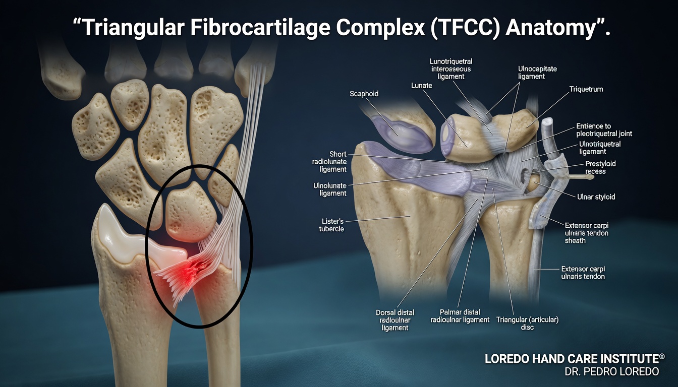 Anatomy of the triangular fibrocartilage complex (TFCC) showing the central articular disc, the dorsal and volar radioulnar ligaments, the ulnocarpal ligaments (ulnolunate and ulnotriquetral), and the foveal attachment at the ulnar styloid.