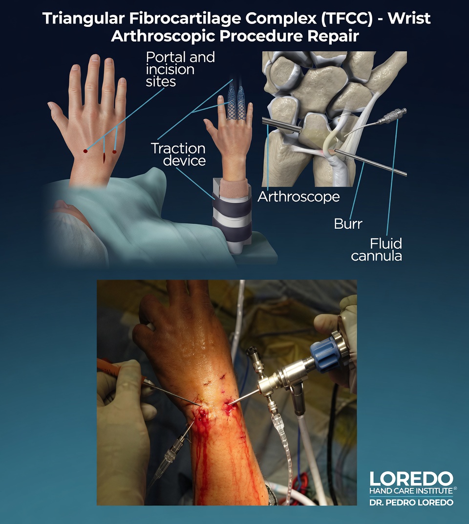 Arthroscopic TFCC repair procedure showing the wrist arthroscope and instruments accessing the peripheral TFCC through small portals to reattach the torn ulnar attachment at the fovea.