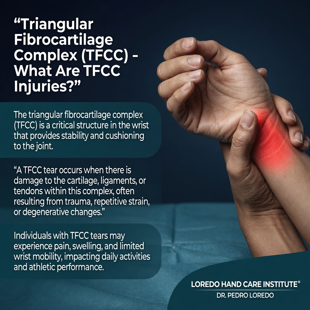 TFCC tear overview showing the triangular fibrocartilage complex on the ulnar side of the wrist and how it tears from traumatic falls, forceful twisting, or chronic ulnar-positive variance, producing deep ulnar wrist pain that worsens with grip and rotation.