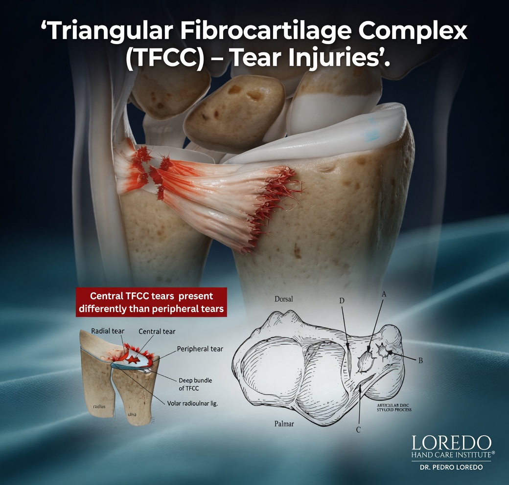 Types of TFCC tear injuries under the Palmer classification showing Class 1A central perforation, Class 1B ulnar avulsion at the fovea, Class 1C distal ulnocarpal ligament avulsion, Class 1D radial avulsion, and Class 2 degenerative wear patterns associated with ulnar-positive variance.