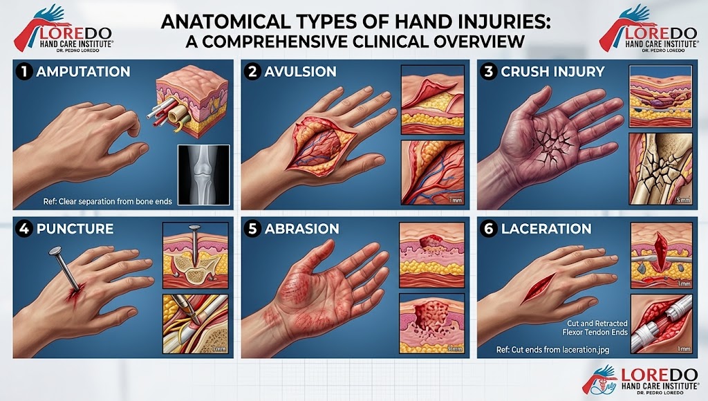 Anatomical types of hand injuries including crush, avulsion, amputation, puncture, abrasion, and laceration