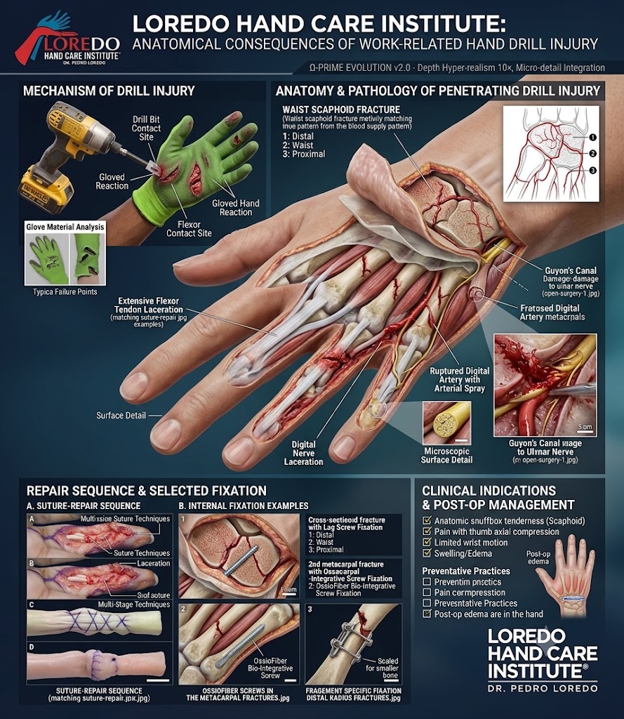 Clinical consequences of a work-related hand drill injury, including tissue and structural damage requiring surgical management