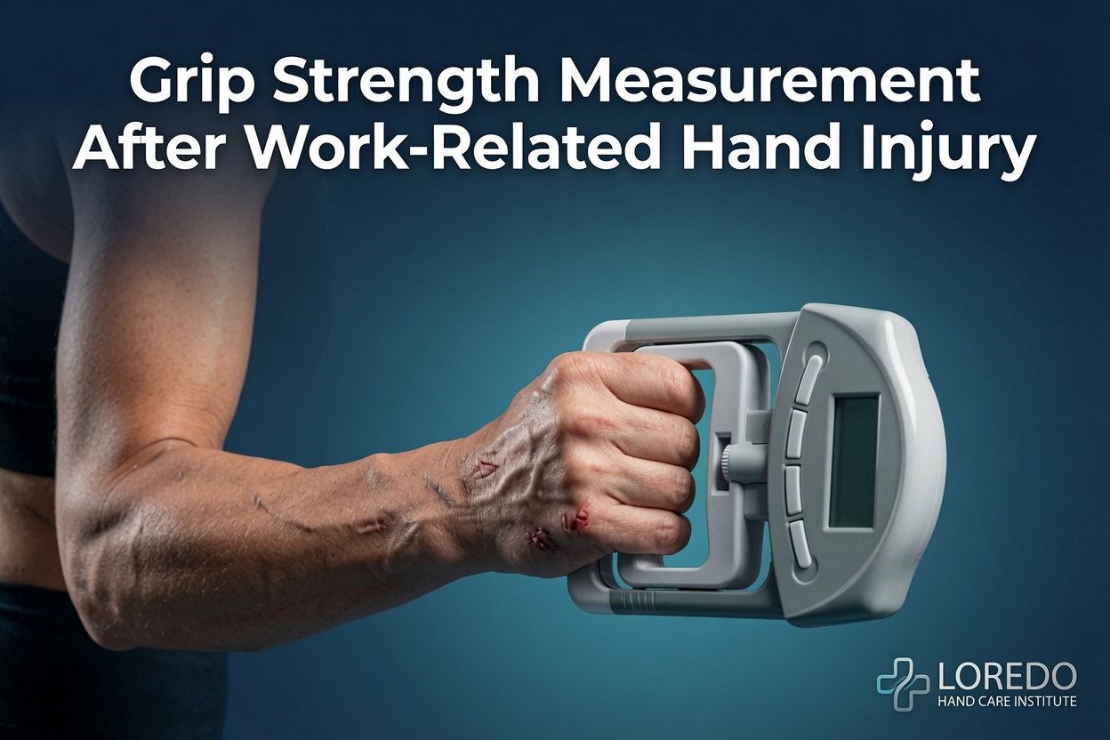 Grip strength measurement being taken during a functional capacity evaluation after a work-related hand injury