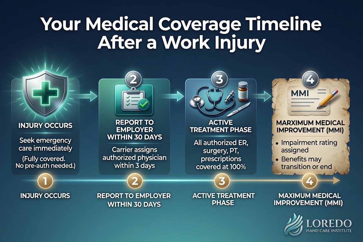 Timeline of medical coverage and claim milestones after a work-related injury under Texas workers' compensation