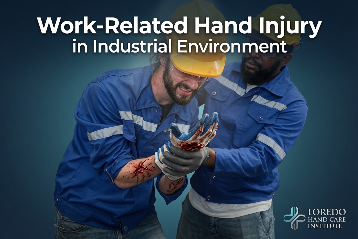 Worker in an industrial environment with a right hand and forearm injury sustained on the job