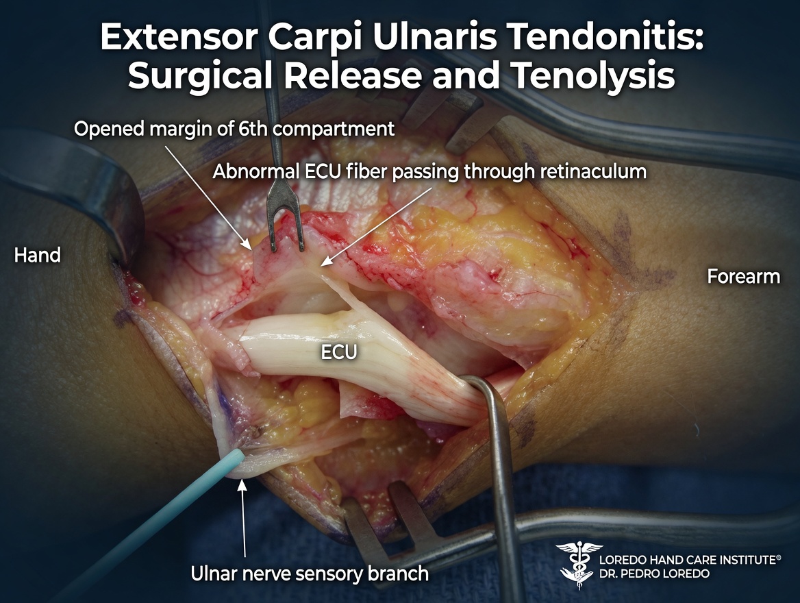 ECU tendonitis surgical release and tenolysis showing decompression of the sixth dorsal compartment subsheath to relieve pressure on the inflamed ECU tendon.