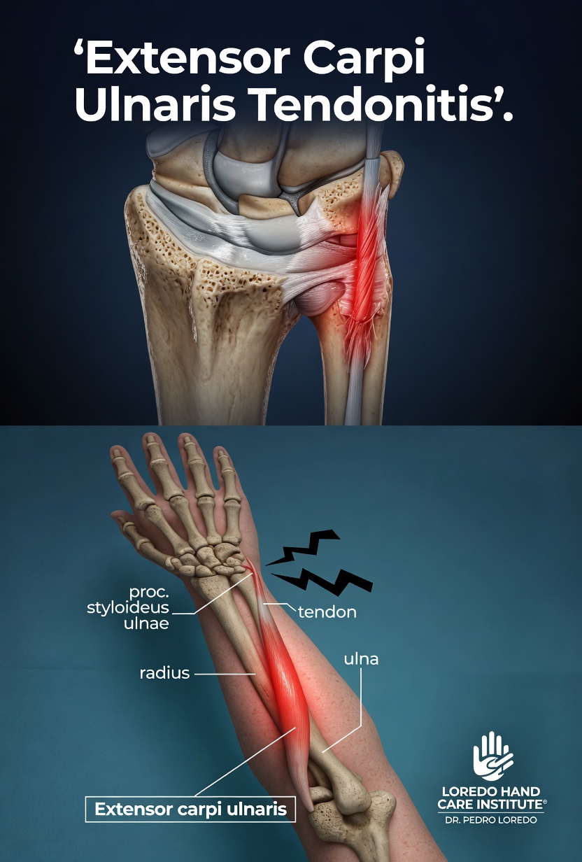 Extensor carpi ulnaris (ECU) tendonitis showing the inflamed ECU tendon in the sixth dorsal compartment on the ulnar side of the wrist, with the typical pain pattern reproduced by resisted ulnar deviation and forearm rotation.