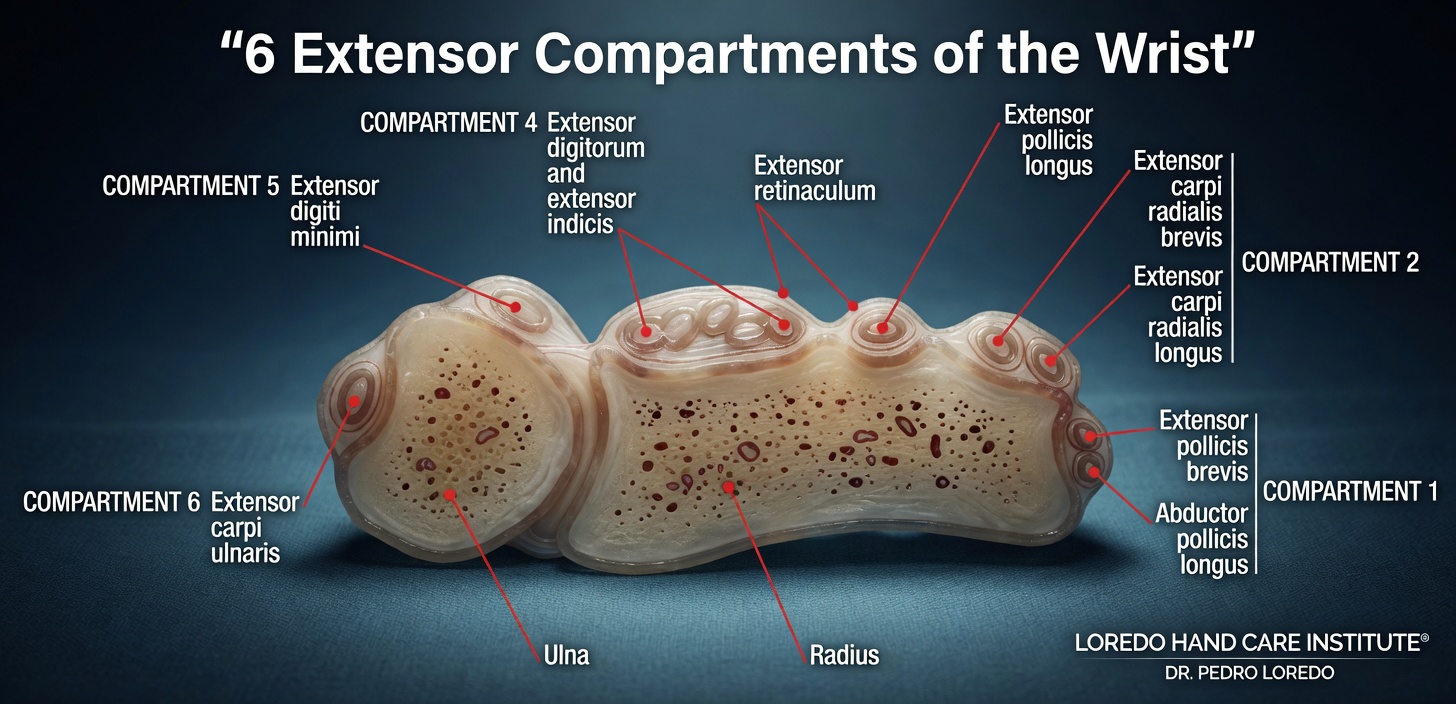 The six extensor compartments of the dorsal wrist labeled I through VI from radial (thumb) to ulnar (small finger), showing the APL and EPB in compartment I, ECRL and ECRB in compartment II, EPL around Lister's tubercle in compartment III, EDC and EIP in compartment IV, EDM in compartment V, and ECU in compartment VI.