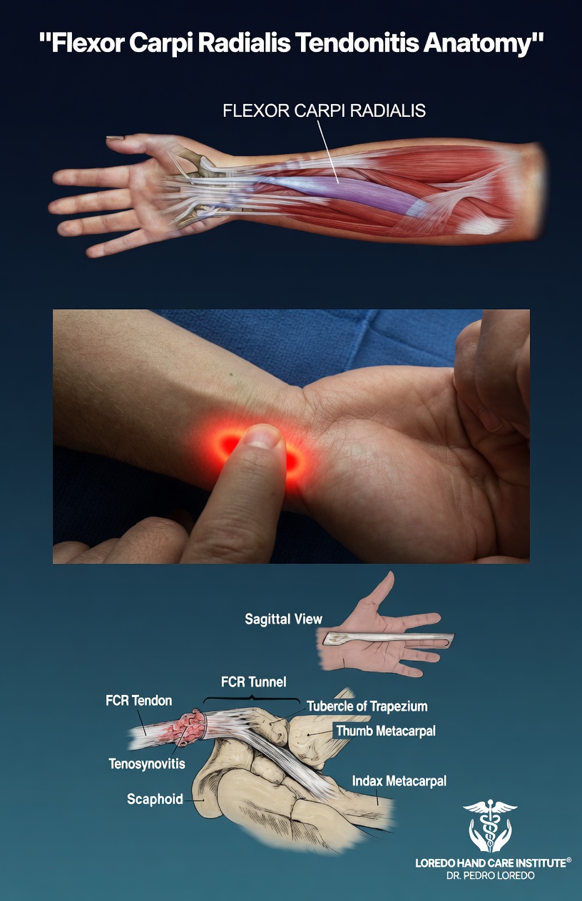 Flexor carpi radialis (FCR) tendonitis anatomy showing the FCR tendon on the radial volar wrist where it passes through a fibro-osseous tunnel near the trapezium before inserting on the base of the second metacarpal.