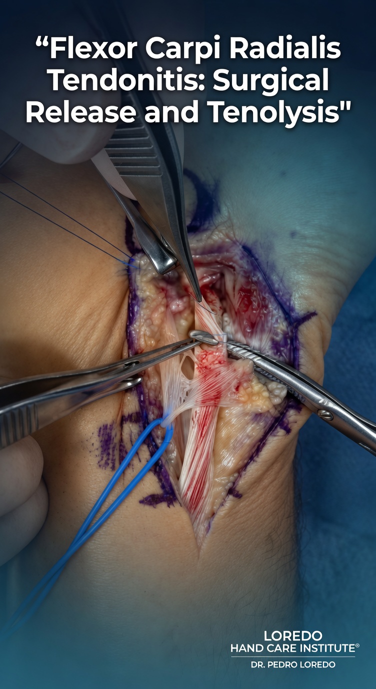 FCR tendonitis surgical release and tenolysis showing decompression of the fibro-osseous tunnel and release of the inflamed tendon sheath on the radial volar wrist.