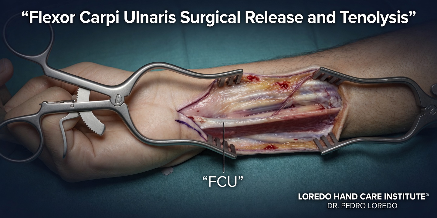 FCU tendonitis surgical release and tenolysis showing decompression of the FCU tendon sheath on the ulnar volar wrist for refractory cases.