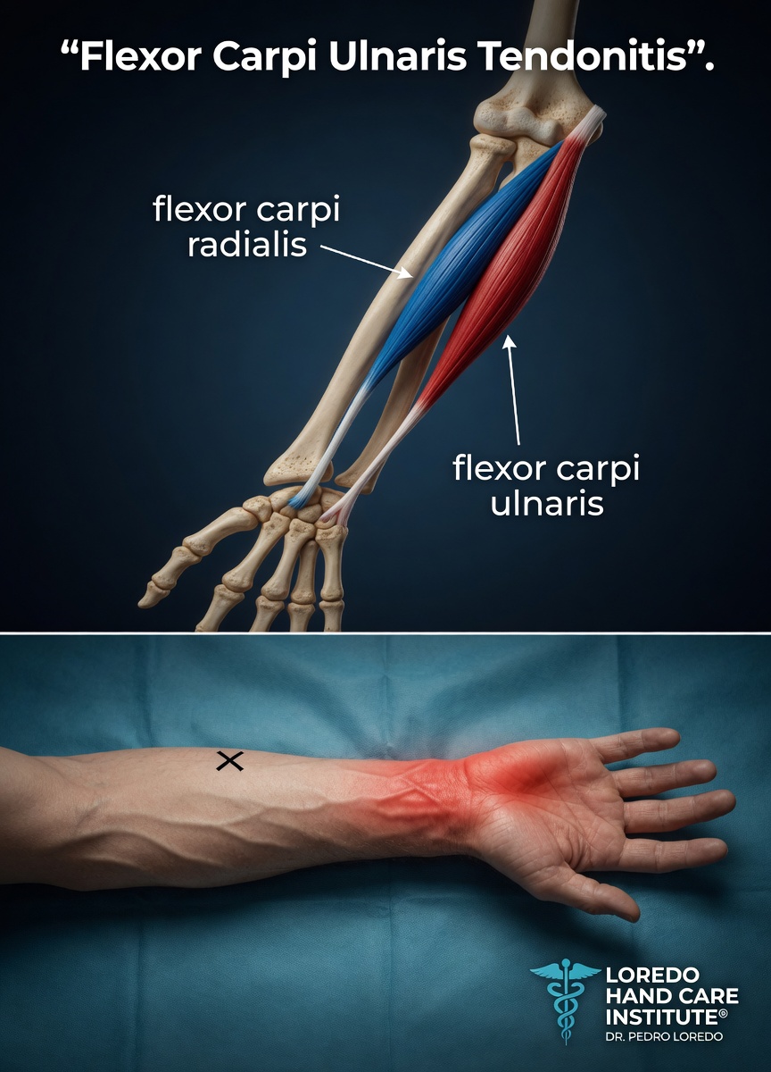 Flexor carpi ulnaris (FCU) tendonitis on the ulnar volar wrist showing the FCU tendon and its insertion on the pisiform bone with focal tenderness directly over the pisiform.
