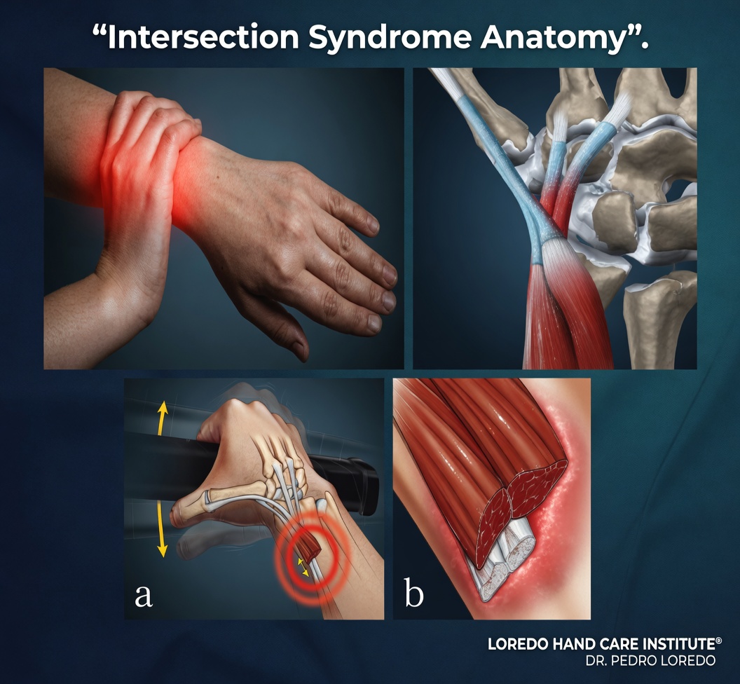 Intersection syndrome anatomy showing the crossing point on the dorsal radial forearm where the first compartment tendons (APL and EPB) cross over the second compartment tendons (ECRL and ECRB) about 4 to 6 cm proximal to the wrist.