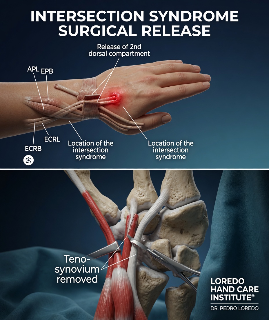 Intersection syndrome surgical release and tenolysis showing decompression of the second compartment retinaculum and tenolysis at the crossing point on the dorsal radial forearm.