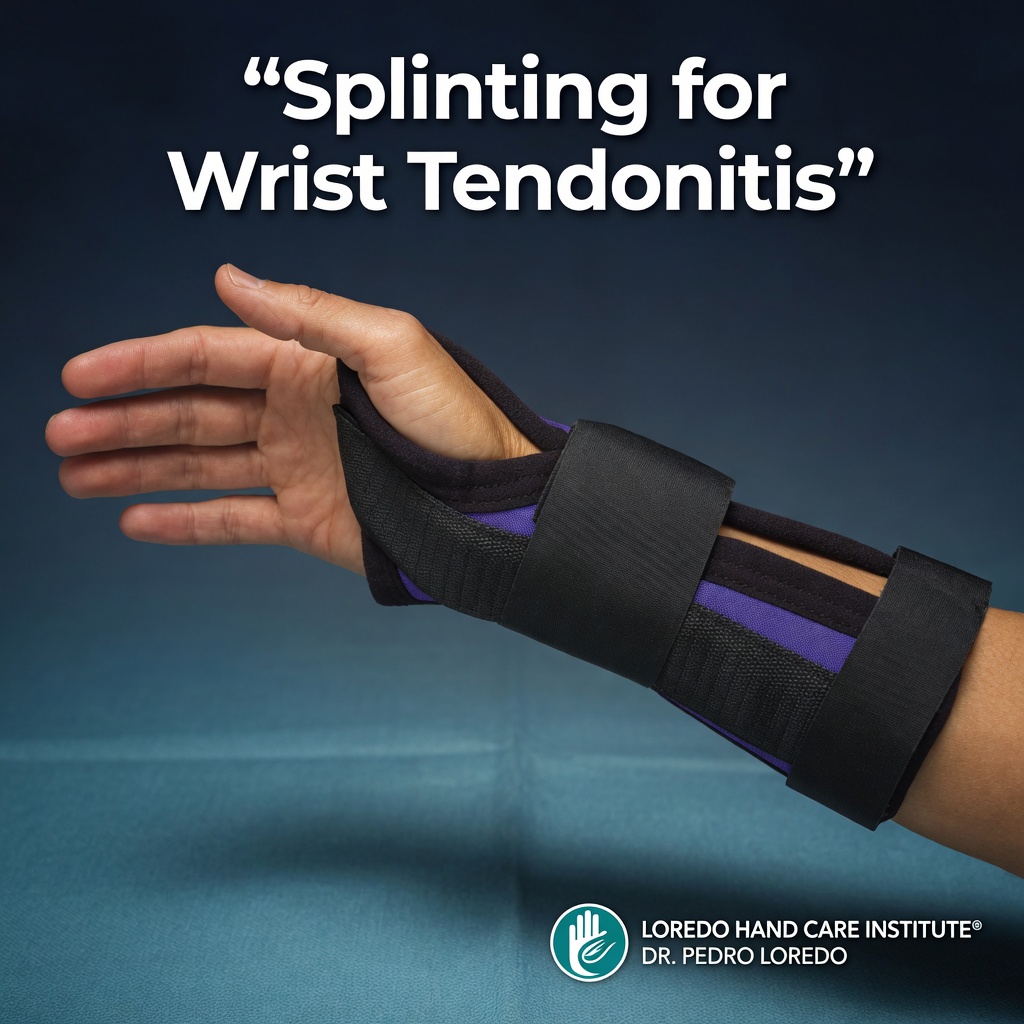 Splinting for wrist tendonitis showing a custom thermoplastic wrist splint immobilizing the affected compartment in a neutral position to allow the inflamed tendon to rest and recover.