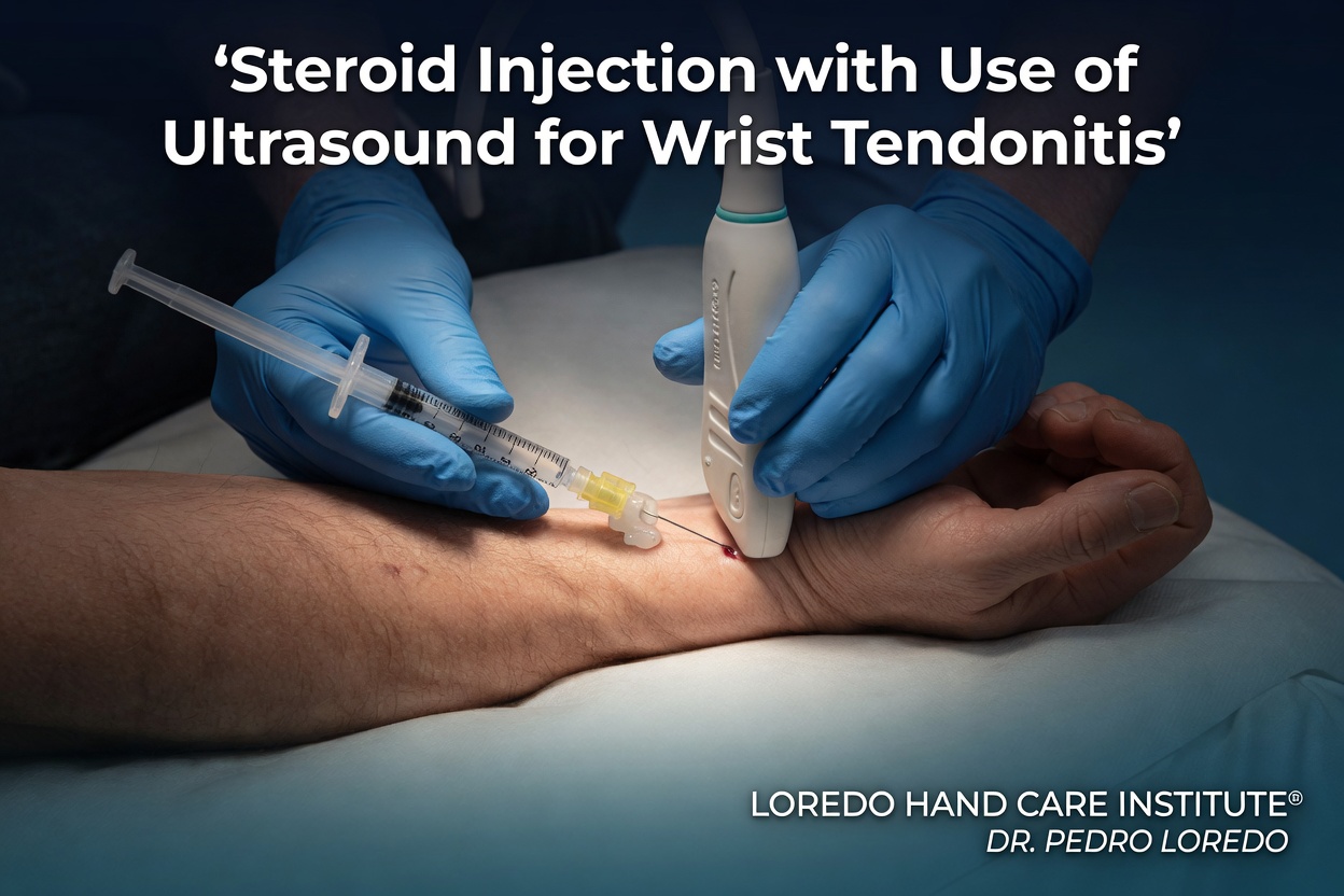 Ultrasound-guided corticosteroid injection for wrist tendonitis showing the ultrasound probe and the needle approach to deliver corticosteroid directly into the affected tendon sheath under real-time imaging guidance.