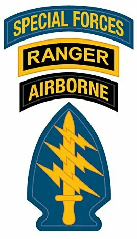 Special Forces, Ranger, and Airborne tabs with the Special Forces arrowhead insignia